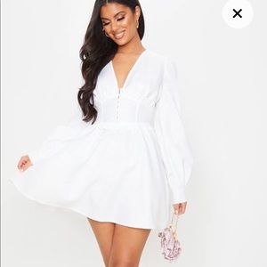 PrettyLittleThing White Woven Button Detail Puff Sleeve Skater Dress